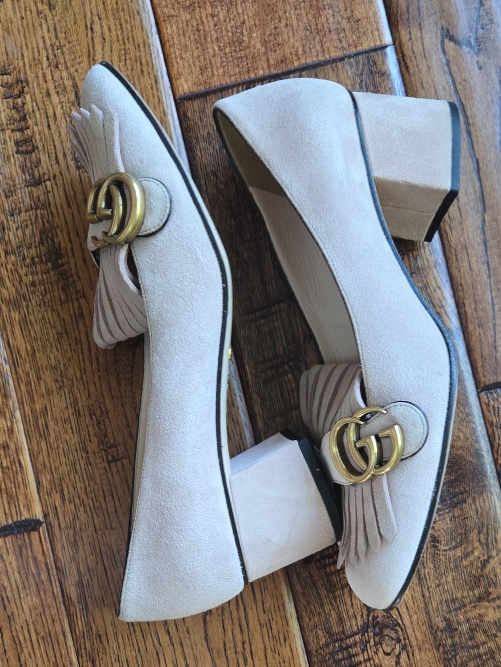 Gucci Pink Suede Fringe Block Heel Loafers with Gold Double-G - Picture 6 of 10